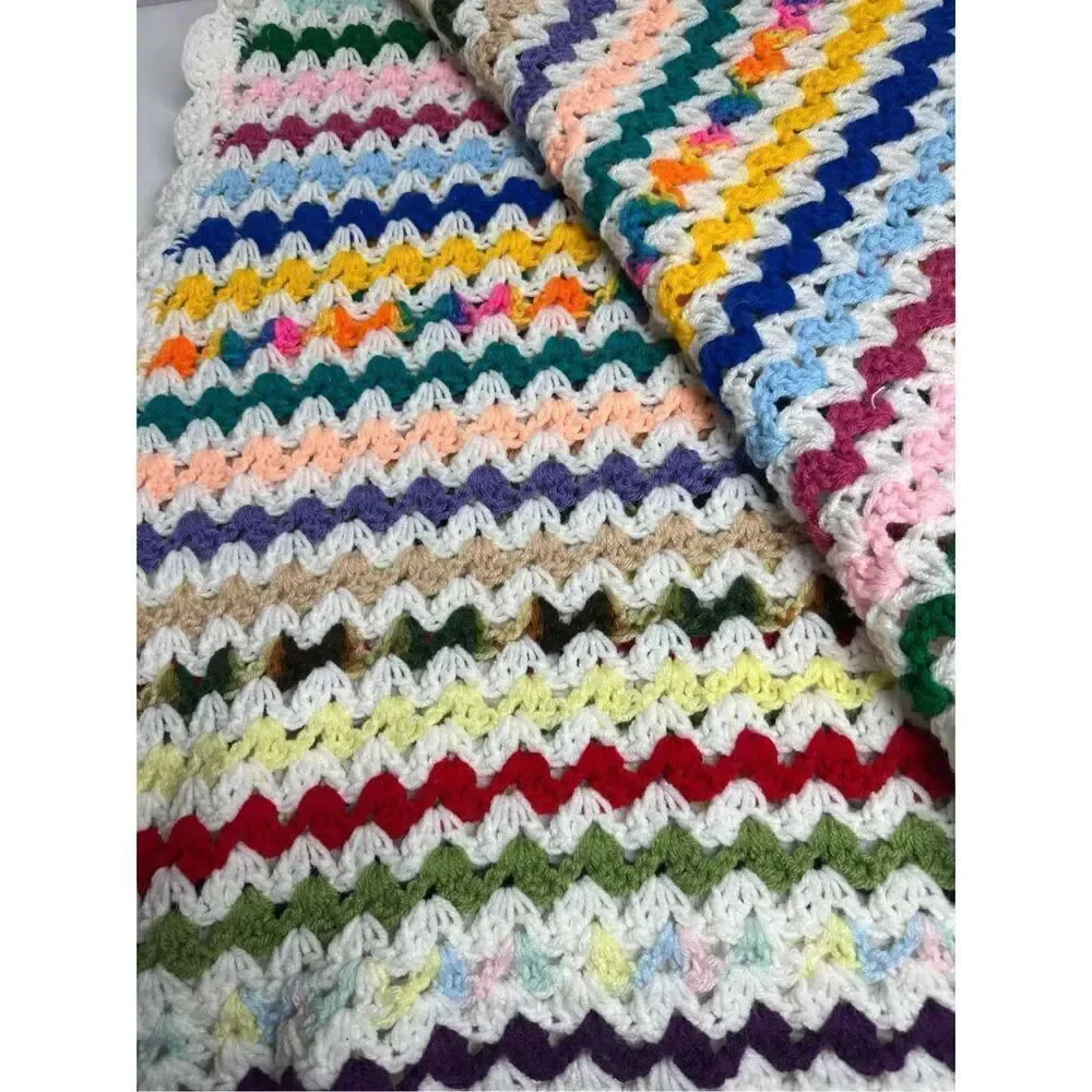 Vintage Crochet Afgan Blanket Zip Zag Multi Color